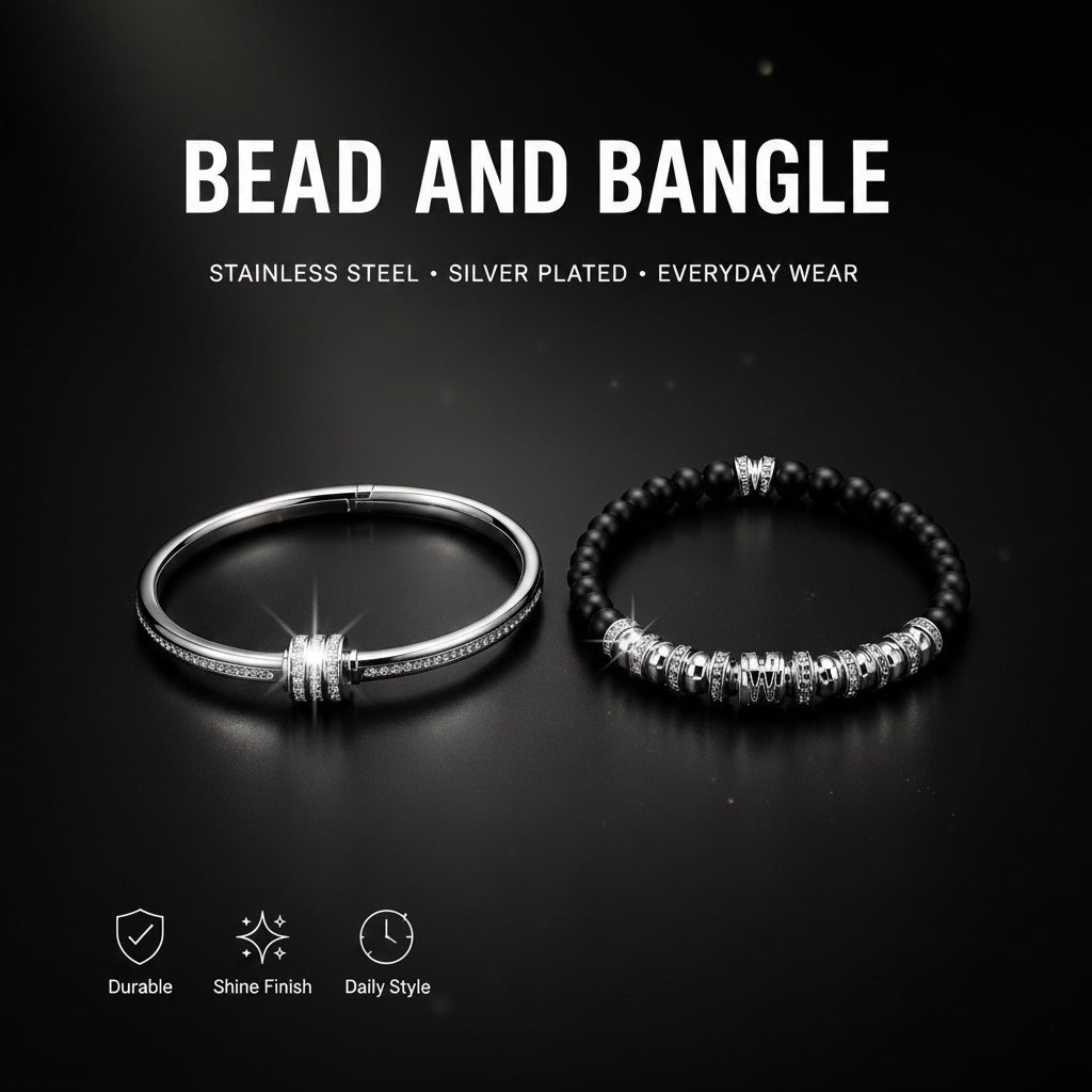 Women’s Silver Stylish Bead & Bangle (2pcs)