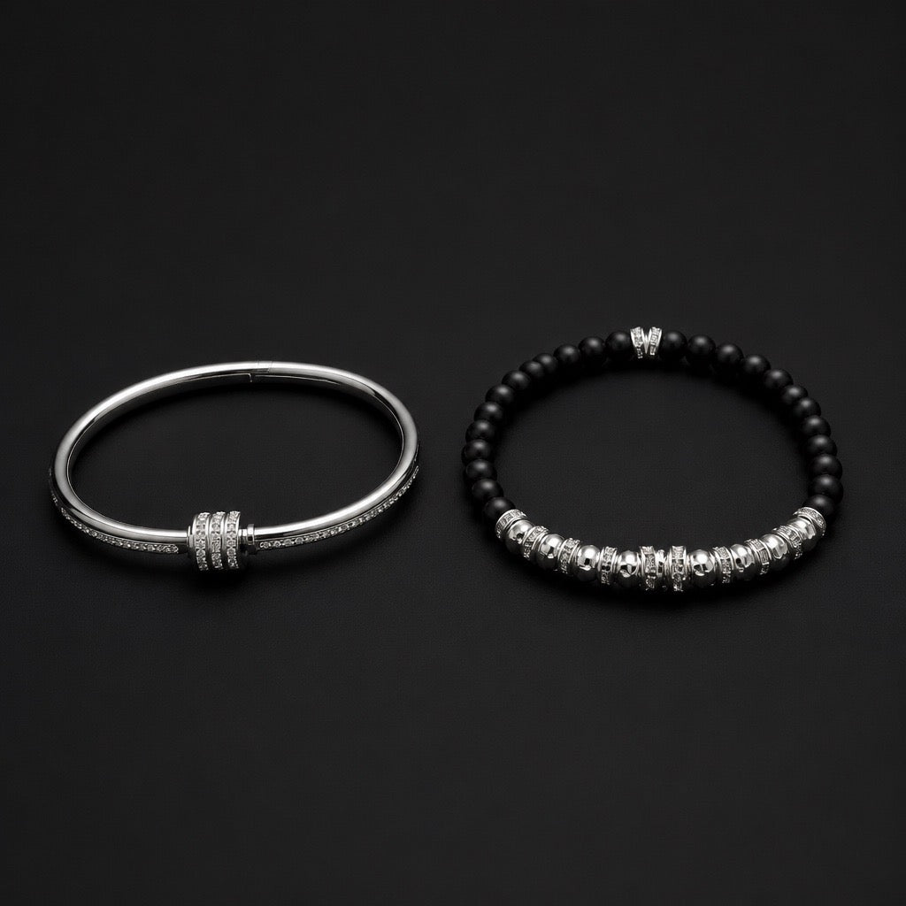 Women’s Silver Stylish Bead & Bangle (2pcs)