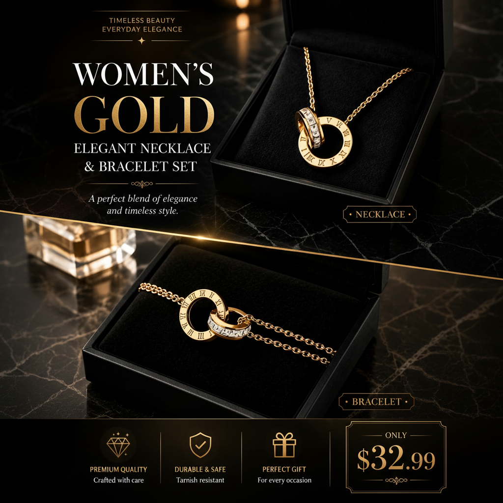 Women’s Gold Elegant Necklace & Bracelet Set